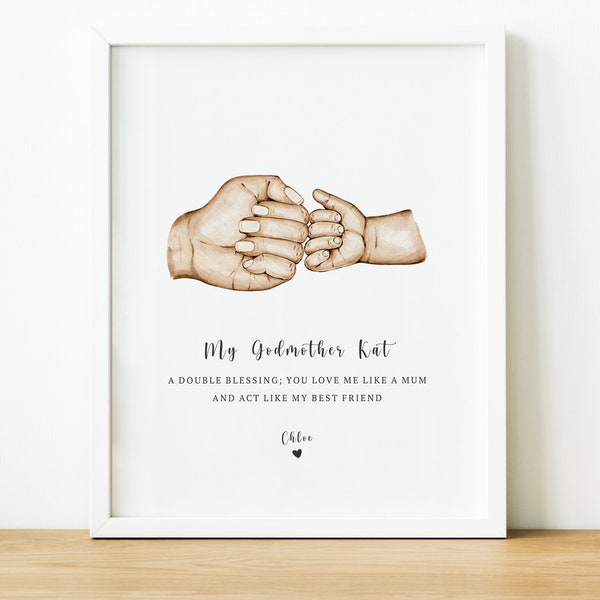 Personalised Godmother & Me Print, Hand Illustration and Custom Poem Print for a Godmother Gift from Goddaughter on their Christening Day