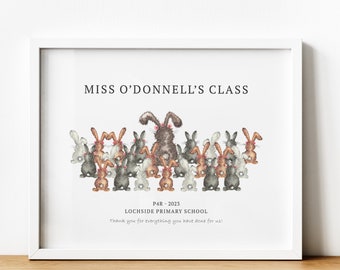 May include: A framed print with a white background and a drawing of a group of brown and grey rabbits. The text "MISS O'DONNELL'S CLASS" is at the top of the print. The text "P4R - 2023 LOCHSIDE PRIMARY SCHOOL" is in the middle of the print. The text "Thank you for everything you have done for us!" is at the bottom of the print.