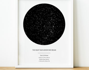May include: Black and white print of a star map with the text "THE NIGHT OUR ADVENTURE BEGAN", "Zach & Michael", "January 31, 1979 at 9:06 am", "Aberdeen Royal Infirmary", and "57°09'16.4"N 2°08'12.9"W".