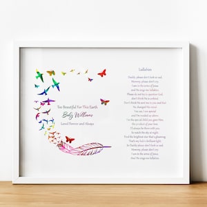 Pode incluir: Uma impressão emoldurada branca com um design de pena de arco-íris e um poema sobre um bebê que faleceu. O poema diz "Too Beautiful For This Earth Baby Williams Loved Forever and Always" e "Lullabies Daddy, please don't look so sad, Mommy, please don't cry. I am in the arms of Jesus and He sings me lullabies. Please do not try to question God, don't think He is unkind. Don't think He sent me to you and that He changed His mind. You see, I am special and I'm needed up above. I'm the special child you gave Him, the product of your love. I'll always be there with you So watch the sky at night. Find the brightest star that's gleaming. That's my halo's brilliant light. So Daddy please don't look so sad. Mommy, please don't cry. I am in the arms of Jesus. And He sings me lullabies."