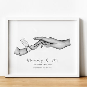 Könnte beinhalten: Schwarz-weiß-Illustration von zwei Händen, die sich halten. Der Text lautet "Mummy & Me Together Since 2020 Happy Birthday, Love from Ellie."