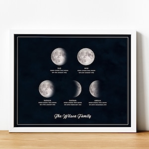 Personalisierte Mondphasen Wandkunst, Die Nacht, in der Sie Mond geboren wurden Druck, die Geburten von Familienmitgliedern darstellt, Geburtstagsgeschenk für Mama UNGERAHMT