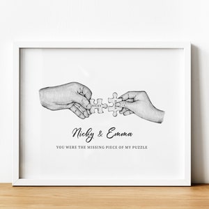 Personalised Couple Puzzle Piece Holding Hands Print UNFRAMED, 1 Year Anniversary Gift for Boyfriend or Girlfriend, Wedding Gift for Couple
