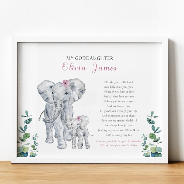May include: A framed print with a poem about a goddaughter. The poem is written in a light purple font and features two watercolour illustrations of elephants. The text at the top of the print reads "My Goddaughter Olivia James".