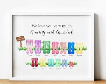 Impresión personalizada de botas de agua familiares, impresión de árbol genealógico, regalo para abuelos, nietos, imagen de botas de agua, regalo para abuela y abuelo, sin marco
