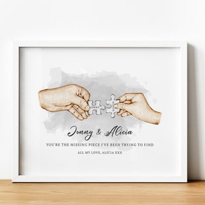 Personalised Couple Puzzle Piece Holding Hands Print UNFRAMED, 1 Year Anniversary Gift for Boyfriend or Girlfriend, Wedding Gift for Couple