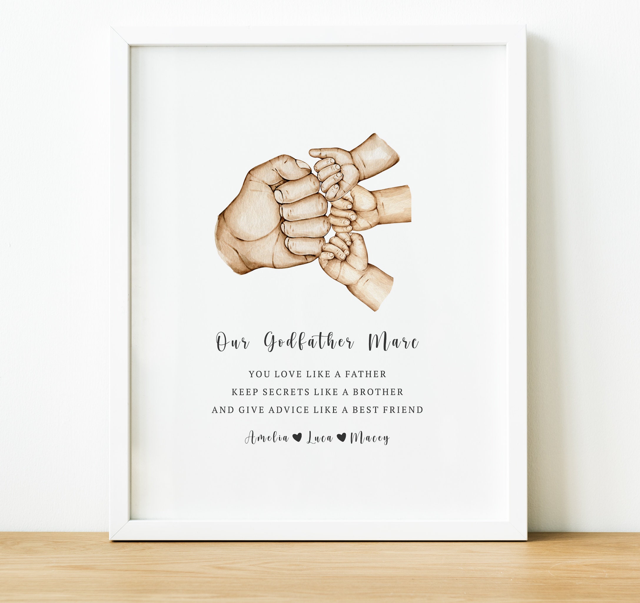 Regalo personalizado para el padrino y para mí, ilustración de mano y poema personalizado impreso. Regalo para el padrino de su ahijado en el día de su bautizo. SIN MARCO.