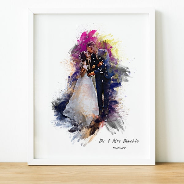 Custom Watercolour Portrait Unique Wedding Gift for Couple, Personalised Wedding Presents for Newlyweds, Just Married Gifts fr Bride & Groom