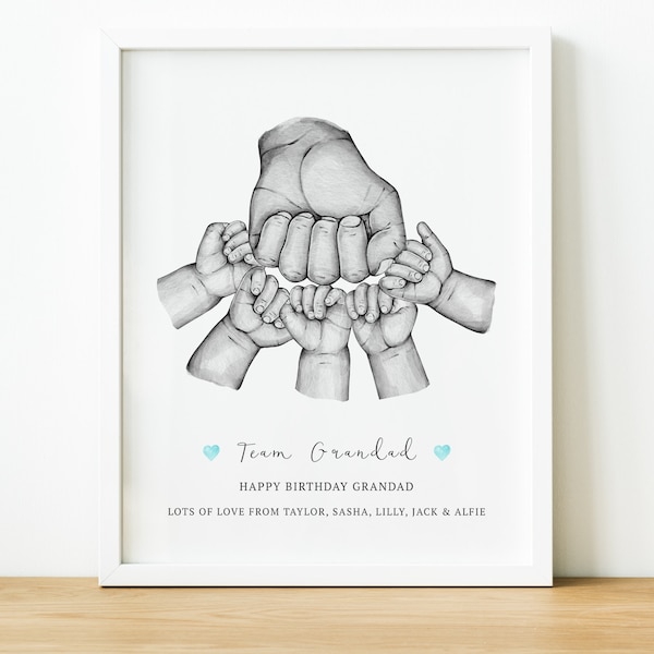 Personalised Team Grandad & Me Hand Illustration Print, Fathers Day Gift from Kids, Unique Grandad Gifts for Birthday from Grandchildren