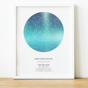 Cadeau d'anniversaire impression carte des étoiles personnalisée, impression ciel nocturne le jour de votre naissance, carte des étoiles par date art mural constellation, affiche carte du ciel