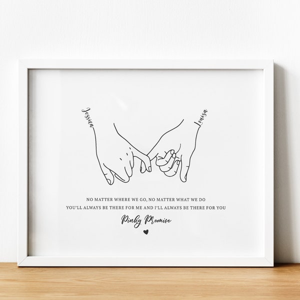 Personalised Minimal Line Art Pinky Swear Print with Best Friend Quote, Long Distance Friendship Gift for Best Friend Female, Letterbox Gift