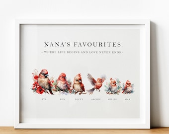 May include: A white framed print with the text "NANA'S FAVOURITES - WHERE LIFE BEGINS AND LOVE NEVER ENDS -" and a row of six red cardinals with names below each bird: Ava, Ben, Poppy, Archie, Millie, and Max.
