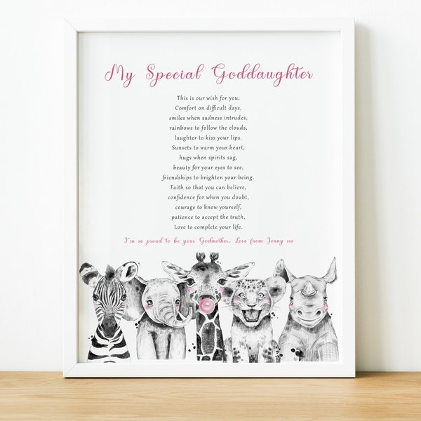 Personalised Godchild Gift, Goddaughter Christening Gift from Godmother, Baptism Gift for Godson from Godfather, Safari Nursery Prints