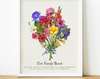 Personalised Family Birth Flower Print Gift for Grandma, Custom Birth Flower Bouquet Birthday Present for Mum, Birth Month Floral Wall Art