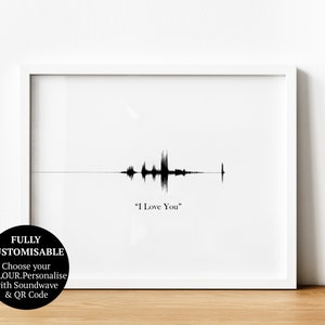 Könnte beinhalten: Ein weißer gerahmter Druck mit einer schwarzen Soundwave-Grafik und dem Text "Ich liebe dich". Der Druck ist vollständig anpassbar mit einer Auswahl an Farben und enthält einen QR-Code und eine Soundwave.