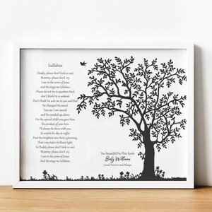 Pode incluir: Silhueta preta e branca de uma árvore com um poema sobre um bebê nos braços de Jesus. O texto diz "Too Beautiful For This Earth Baby Williams Loved Forever and Always".
