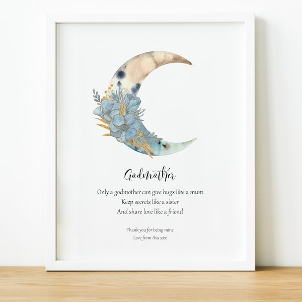 Personalised Godmother Print, Custom Poem Print Godparent Gift, Boho Moon Print, Meaningful Godmother Gifts for Birthday from From Godchild