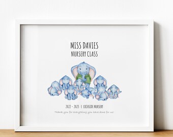 May include: A printable thank you card for a nursery teacher. The card features a blue elephant teacher with a green shirt and a group of smaller blue elephants. The text reads "Miss Davies Nursery Class 2022-2023 | Lochside Nursery Thank you for everything you have done for us!"