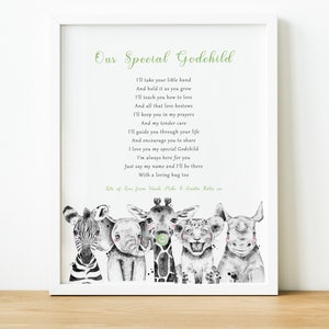 Personalised Godchild Gift, Goddaughter Christening Gift from Godmother, Baptism Gift for Godson from Godfather, Safari Nursery Prints