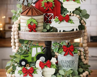 Farmhouse Tiered Tray Decor Set, Rustic Farm Animals, Barn, Windmill, Farmers Market
