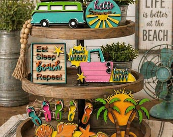 Farmhouse retro beach days, tiered tray decor, summer coastal van flip flops beach sign.
