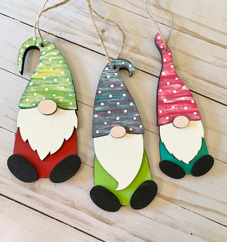 Wood Gnomes hand painted laser ornaments Etsy