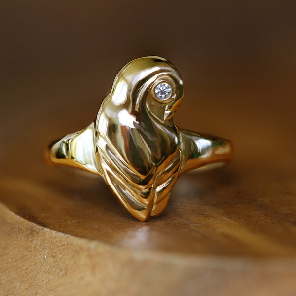Gold Owl Ring - Diamond - Athena's Owl - Barn Owl Ring - Owl Jewellery - Made to Order