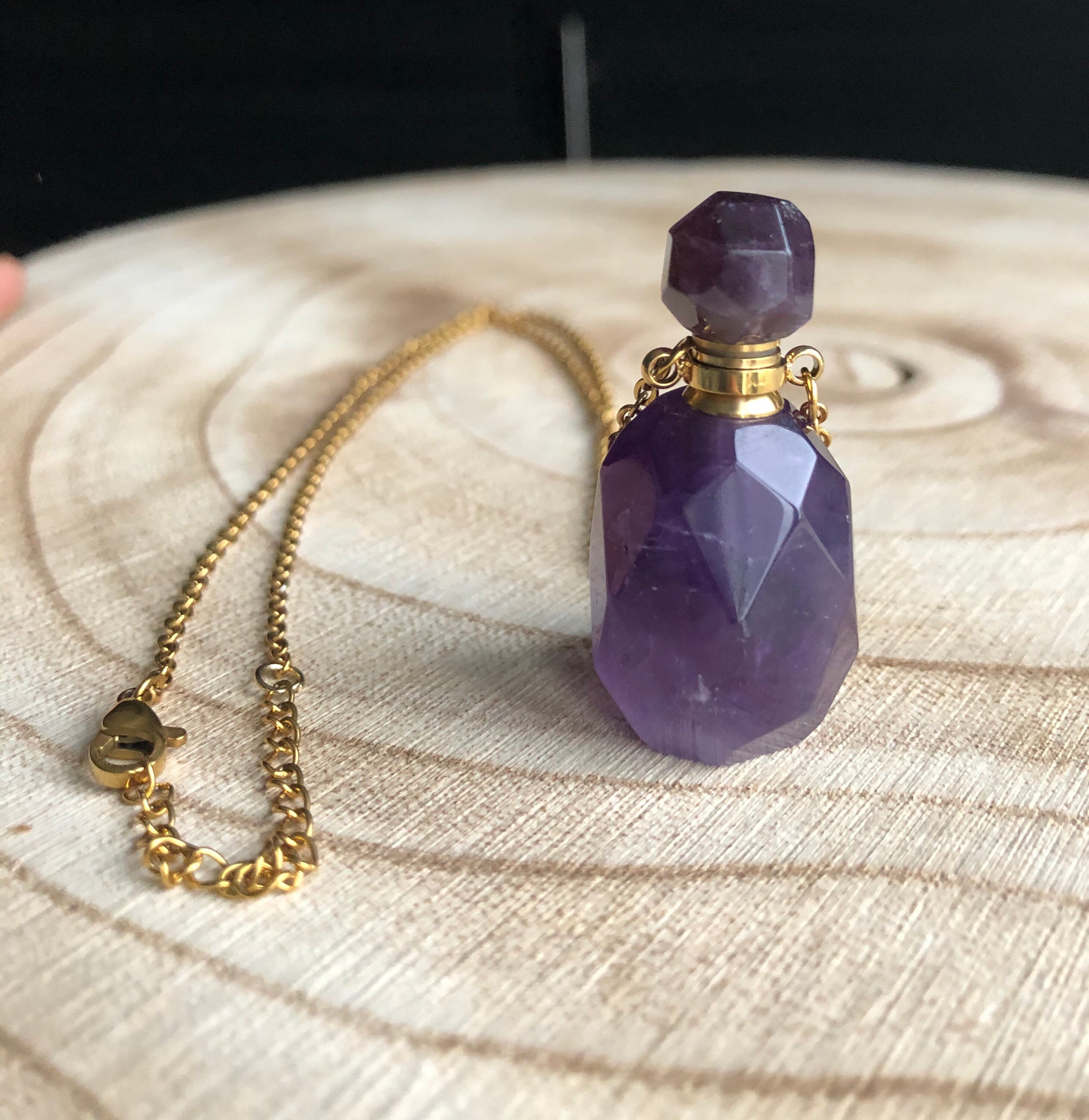 Collier, Bouteille de Parfum, Améthyste, Pierre Naturelle, Bijoux, Gemme, Lithothérapie, Minéraux, F