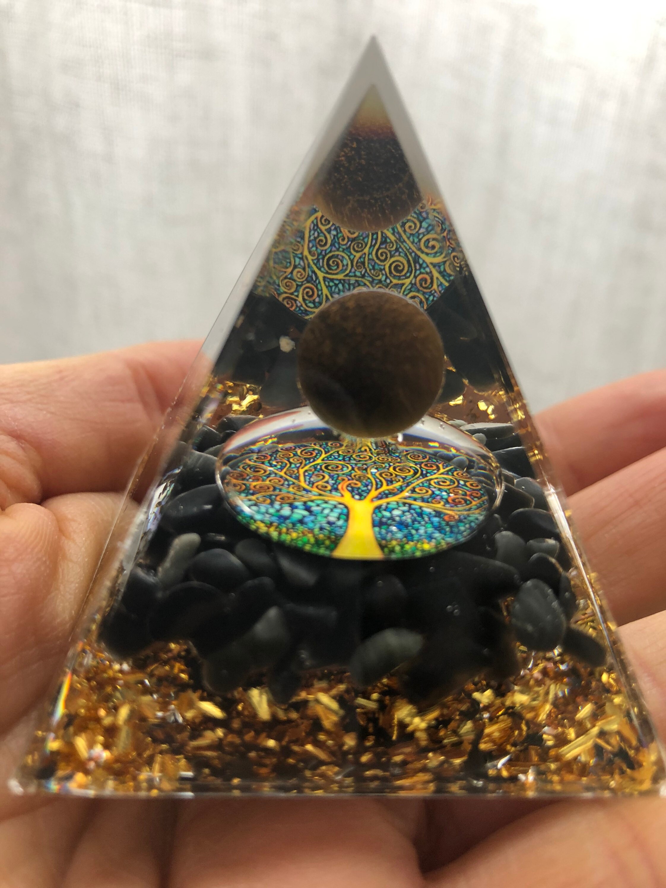 Pyramide Orgonite Arbre de Vie, Obsidienne et Oeil Tigre, Pierre Naturelle, Lithothérapie, Création,