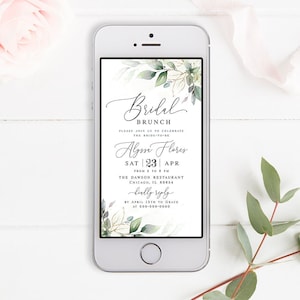 Greenery Bridal brunch electronic invitation template Editable invite Text message Gold foliage bridal invite Download Templett AGFW-1