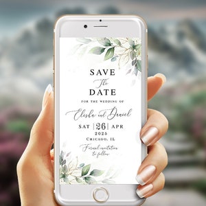 Electronic save the date template Self-editing Engagement Wedding announcement Gold foliage Text message Editable invite Download AGFW-1