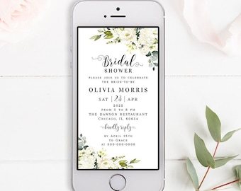 Floral bridal shower electronic invitation template Editable invite Paperless White roses invite Digital DIY Download Templett AWHR-1
