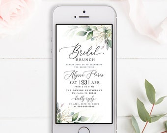 Gold foliage bridal shower invitation template Greenery bridal e-invite Bridal brunch invite Digital Edit with Templett Download AGFW-1