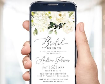 Electronic Bridal brunch invitation template Editable Floral bridal brunch evite White roses bridal invite Digital Download Templett AWHR-1