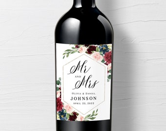 Burgundy wine labels template Self-editable Wine stickers Wedding burgundy Bridal shower favor ideas Printable Download Templett #swc9