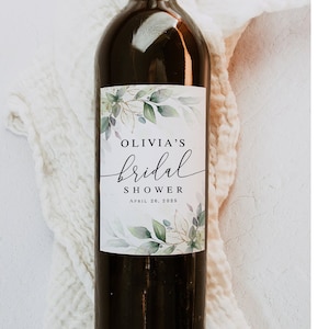 Greenery bottle labels Editable template Bridal shower favor ideas Wine stickers Gold foliage labels Printable Digital Download AGFW-1