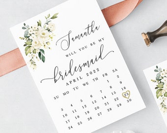 Floral bridesmaid proposal card template Editable calendar printable White roses Save the date calendar DIY Download Templett AWHR-1