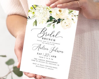 White flowers bridal brunch invitation template printable Floral electronic bridal invite Editable Text message invite DIY Download AWHR-1