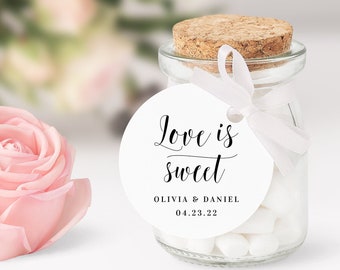 Circle gift tag template Love is sweet Editable wedding favor tag Round stickers printable Personalized label Download Templett #swc2