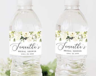 Floral water bottle label template Editable water sticker Bachelorette party White roses water label printable Download Templett AWHR-1