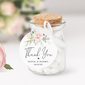 Thank you tag Self-editing template Wedding guest favor label Round stickers Circle gift tag Wedding pink roses Printable Download WSPR-A