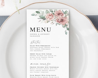 Dusty roses menu card template Edit with Templett Wedding menu printable Rehearsal dinner Bridal brunch Customizable DIY Download SDURS-10f