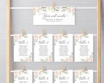 Seating plan printable Floral seating chart cards template Self-editing Pink roses Arrangement cards Digital DIY Download Templett WSPR-A