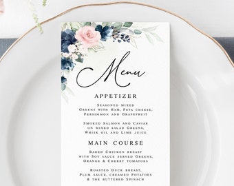 Blue blush menu template printable Editable wedding menu Wedding dinner Rehearsal dinner Bridal brunch DIY Download Templett Webl-40
