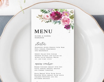 Floral menu card template Editable wedding menu Fuchsia menu printable Customizable menu Rehearsal dinner Downloadable Templett FTeW-A1