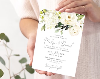 Floral invitation template printable Editable invite White roses wedding invite Elegant Personalized invite DIY Download Templett AWHR-1