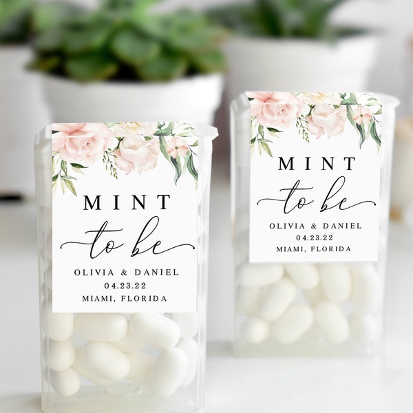 Mint to be label template Editable Wedding favor sticker Wraparound Bridal shower Pink roses Digital Download WSPR-A