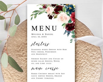 Burgundy menu card template Editable menu cards printable Reception table decor Floral wedding menu Digital DIY Download Templett BFAC9