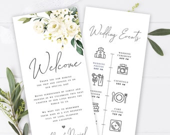 White roses wedding timeline Wedding itinerary template Editable Schedule of events Order of events Welcome letter Download Templett AWHR-1