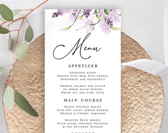 Lavender wedding menu card Editable template Floral menu printable Table decor Downloadable Customizable Rehearsal dinner Templett LaWed-A